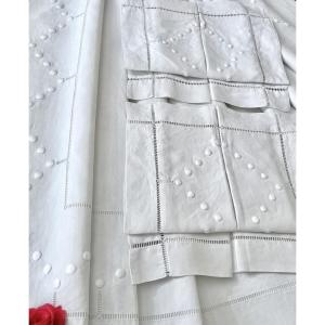 Grand Drap avec Deux Taies d'oreiller en lin - Broderie blanche Jours échelle - Linge ancien