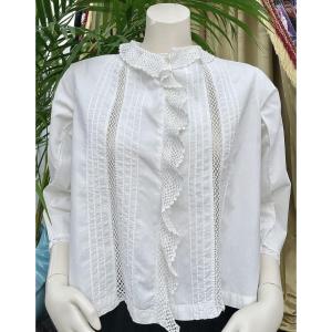 Chemisier en fine toile de coton blanc - Dentelle au crochet - Linge ancien
