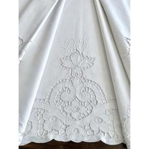 Large Linen Sheet With Dg Initials - Renaissance Fleurdelisée Embroidery - Antique Linen