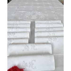 Nappe et serviettes en Damas de Lin 12 couverts - Chasse à courre Cerfs Chiens Forêt - Fin XIXe