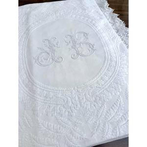 Couverture de Mariage en piqué de coton blanc gaufré - Initiales JB - Fin XIXème