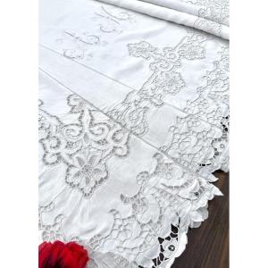 Antique Linen Sheet Monogrammed "a-m" - Renaissance Richelieu Embroidery - 19th-century Trousseau