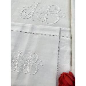 Antique Extra-wide Sheet With Matching Pillowcase - Jb Monogram - Late 19th Century