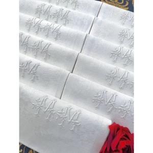 Lot de 11 Serviettes de Table - Initiales MM brodées sur Lin Damassé - Décor Floral - Fin 19e