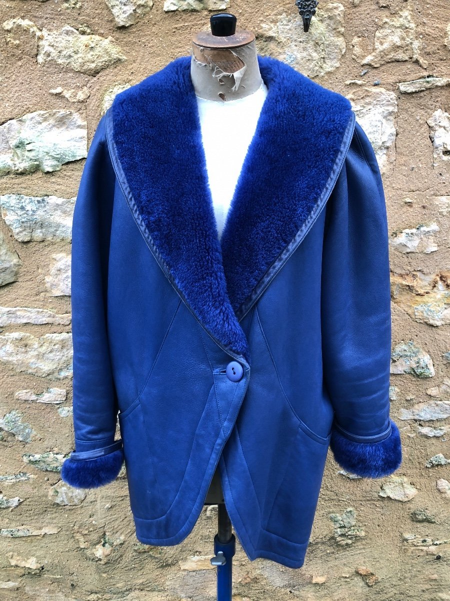 Veste Guy Laroche En Peau Lainée Bleu. Circa 1985