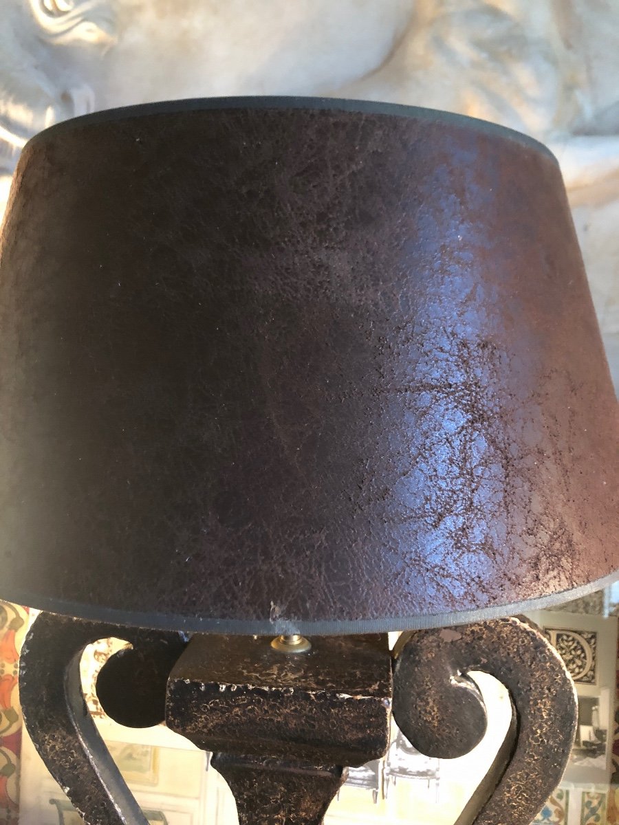 Large Ear Lamp, Bronze Shaped Metal, Leather Lampshade. Around 1980-photo-3