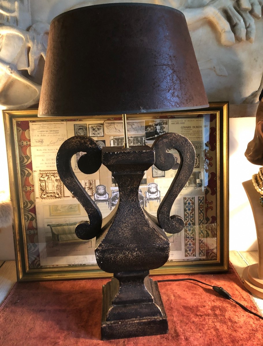 Large Ear Lamp, Bronze Shaped Metal, Leather Lampshade. Around 1980