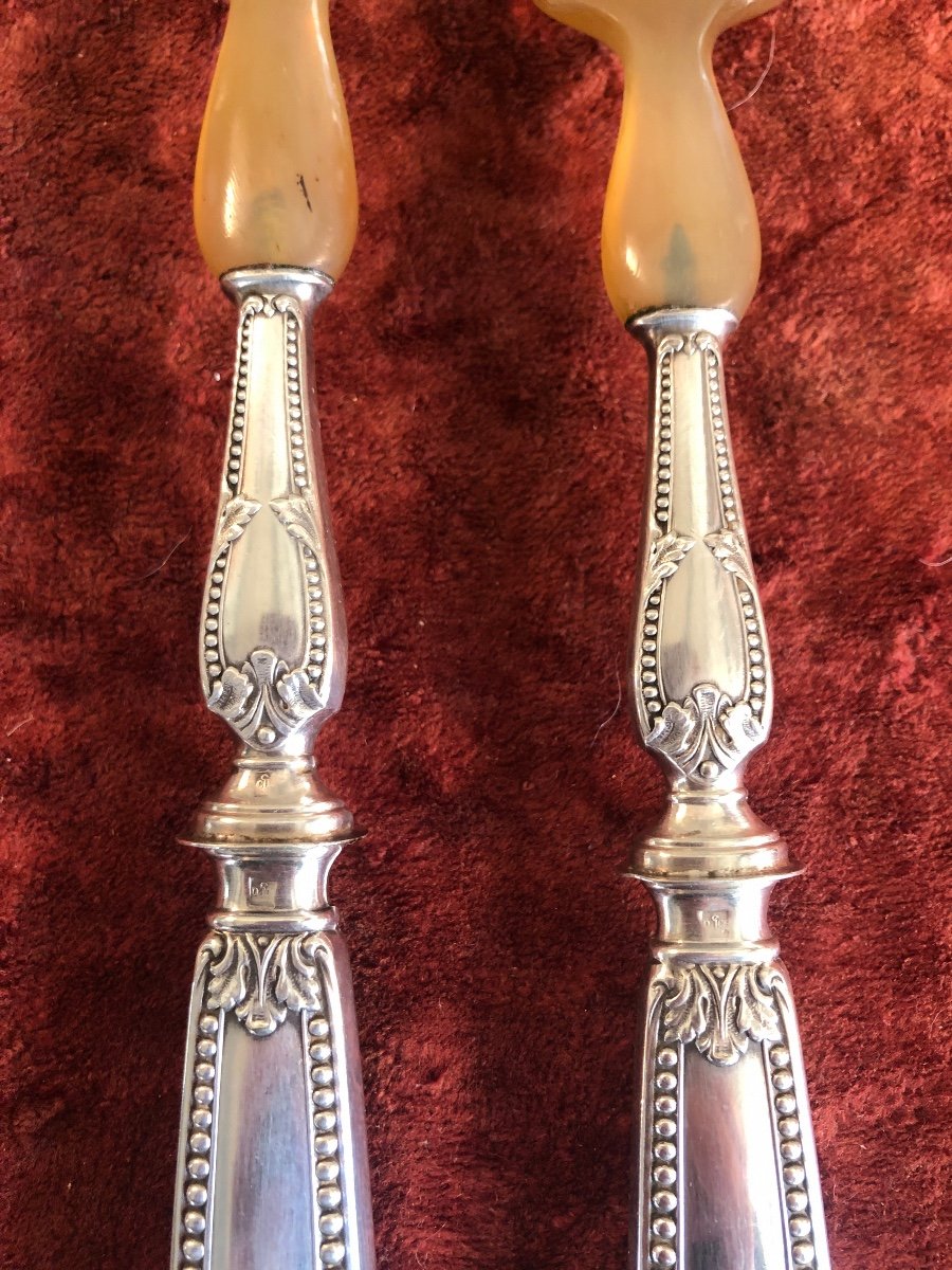 Salad Servers. Silver Filled And Horn. Early 20th Century -photo-2