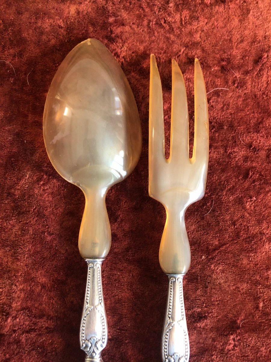 Salad Servers. Silver Filled And Horn. Early 20th Century -photo-5