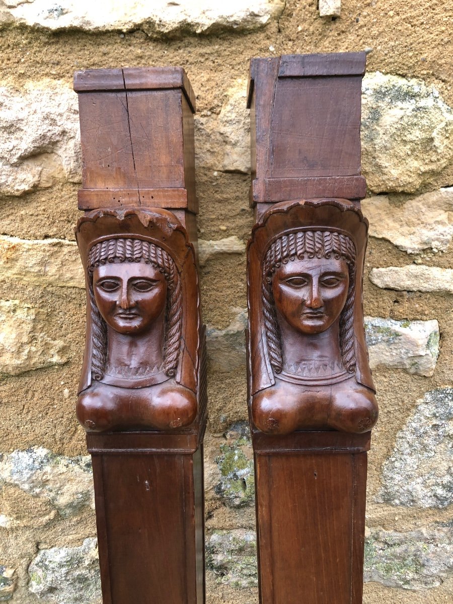 Pair Of Walnut Pilasters, Antique Woman's Head. Ornament, Architecture -photo-2