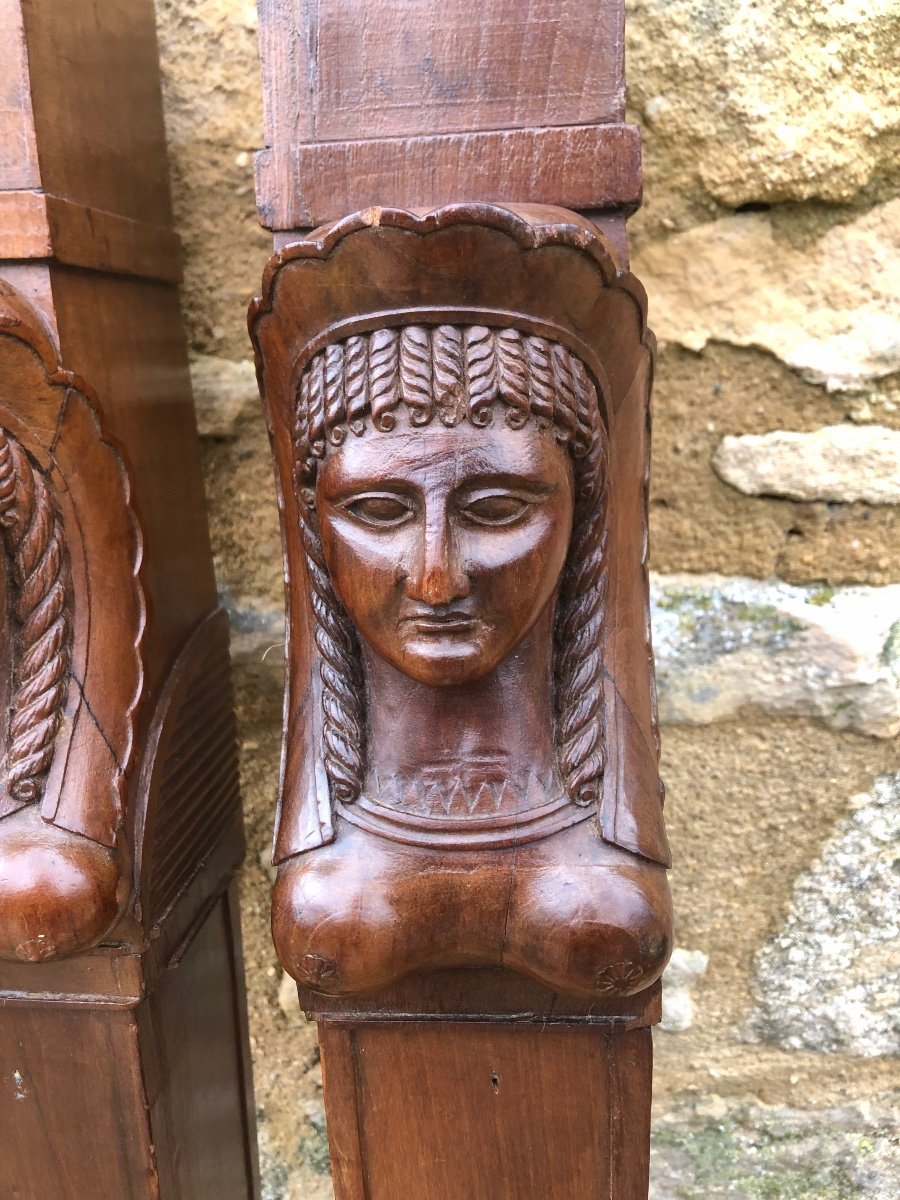 Pair Of Walnut Pilasters, Antique Woman's Head. Ornament, Architecture -photo-4