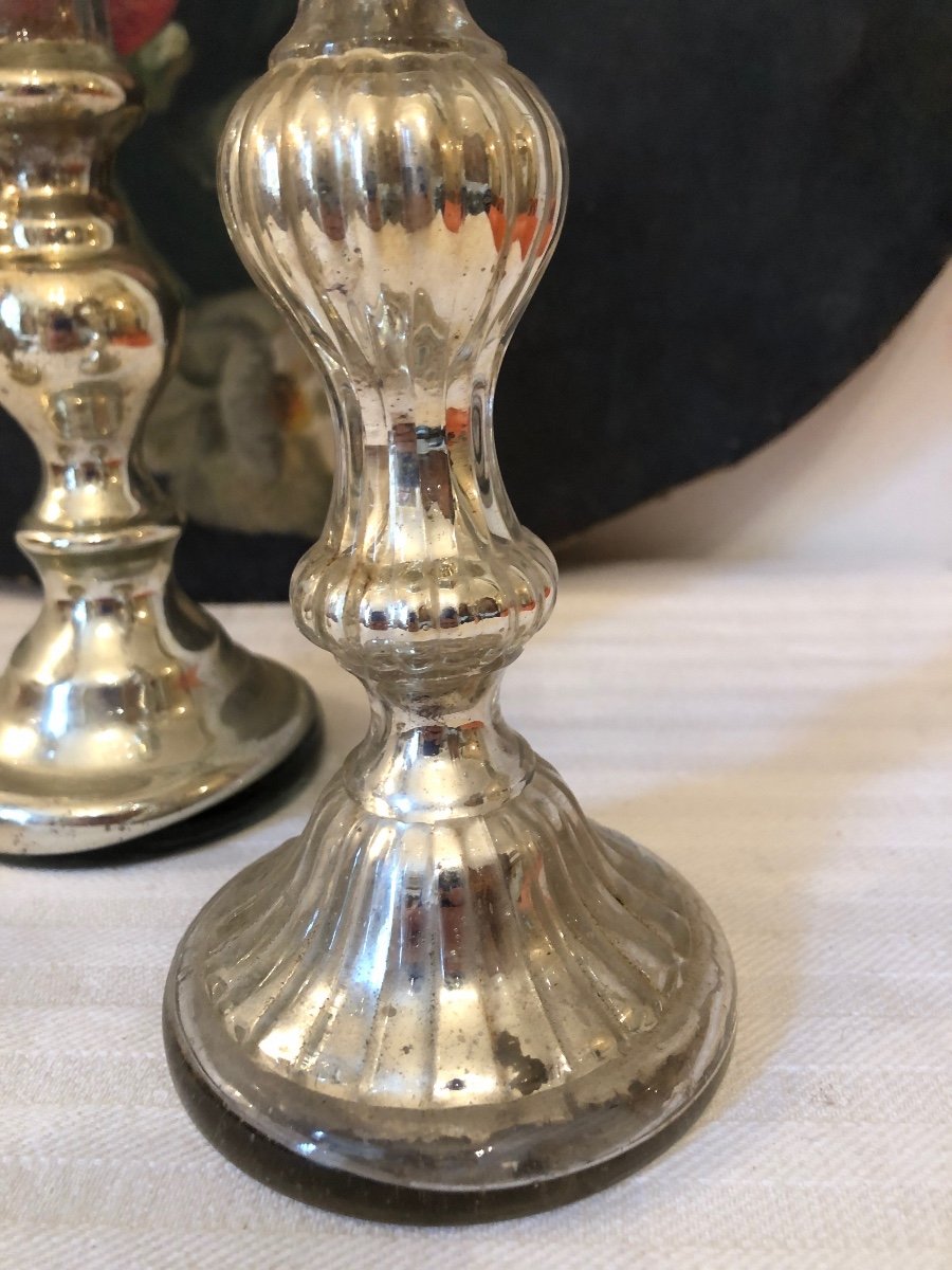 Eglomise Glass Candle Holders (x3) Different Shapes. 19th Century -photo-2