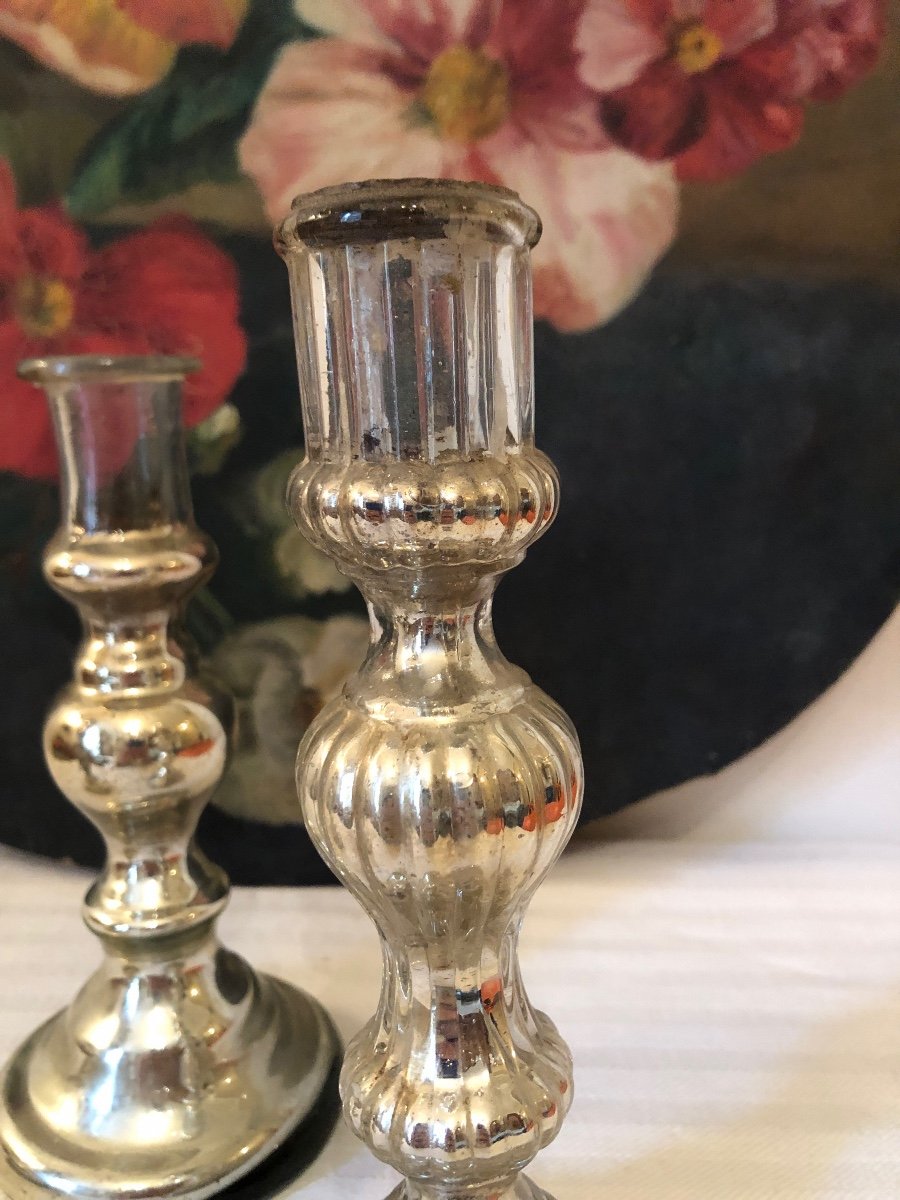 Eglomise Glass Candle Holders (x3) Different Shapes. 19th Century -photo-3