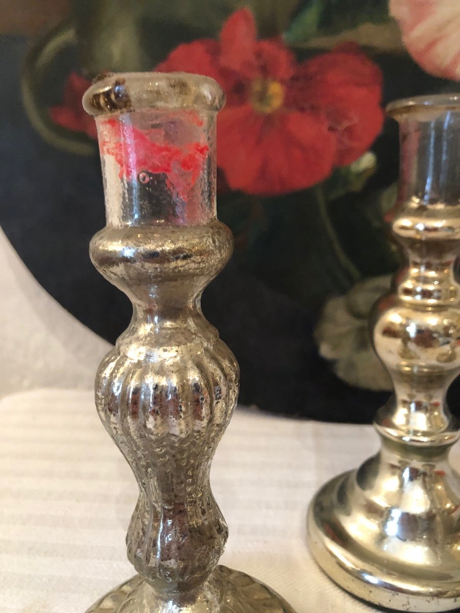 Eglomise Glass Candle Holders (x3) Different Shapes. 19th Century -photo-1