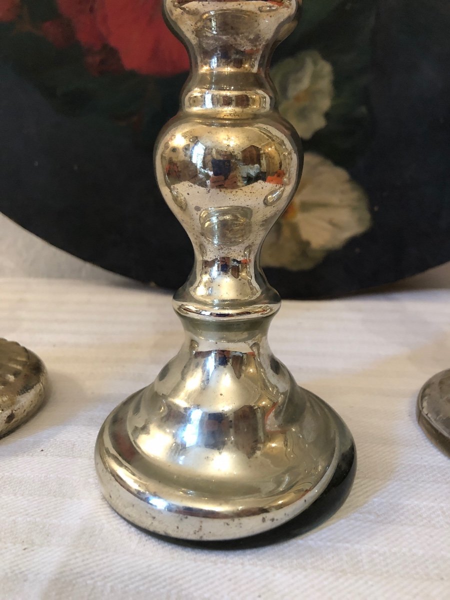 Eglomise Glass Candle Holders (x3) Different Shapes. 19th Century -photo-2