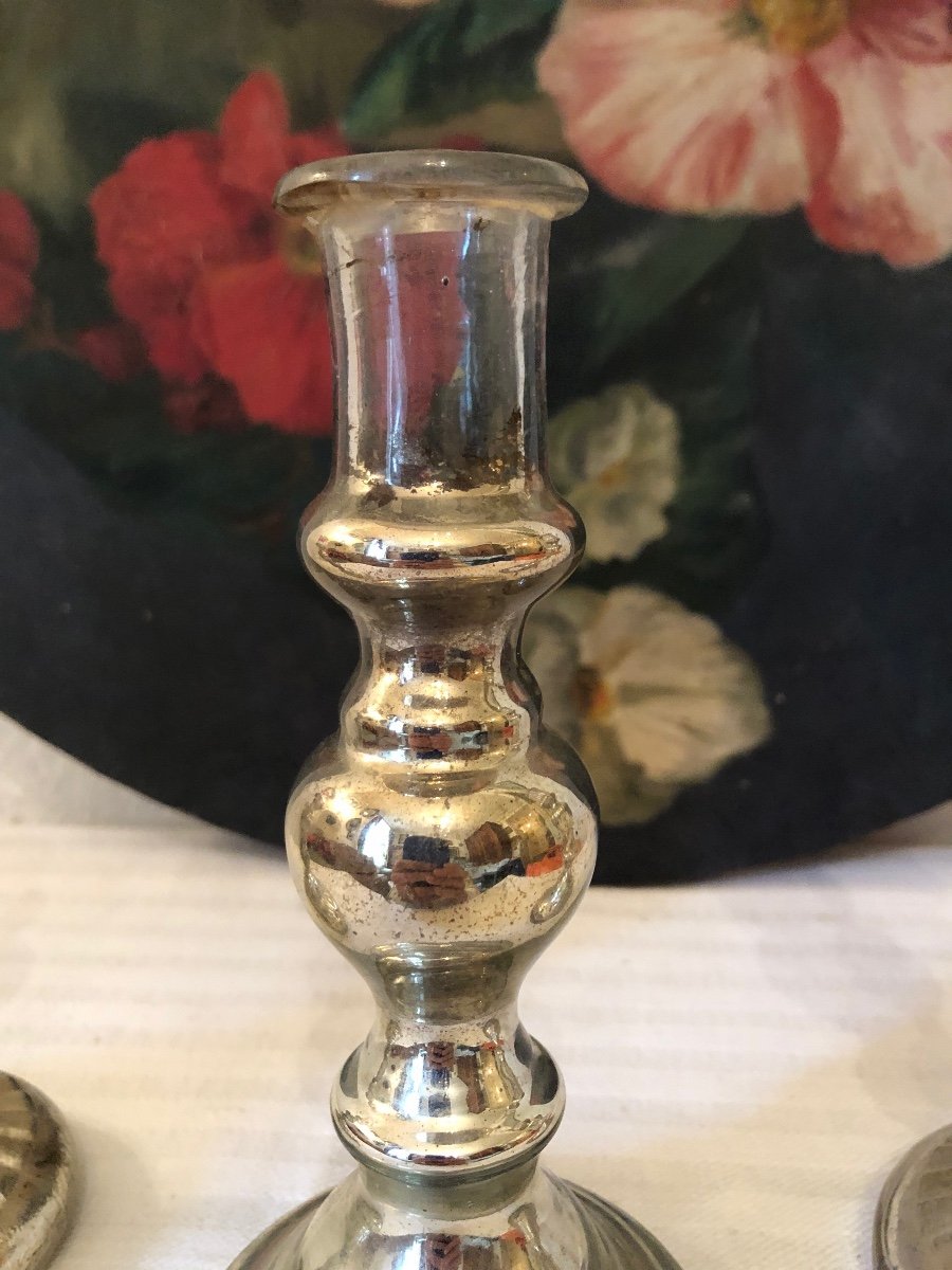 Eglomise Glass Candle Holders (x3) Different Shapes. 19th Century -photo-3