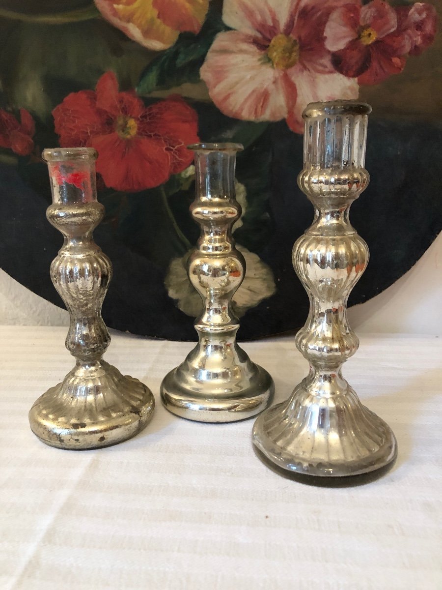 Eglomise Glass Candle Holders (x3) Different Shapes. 19th Century -photo-7