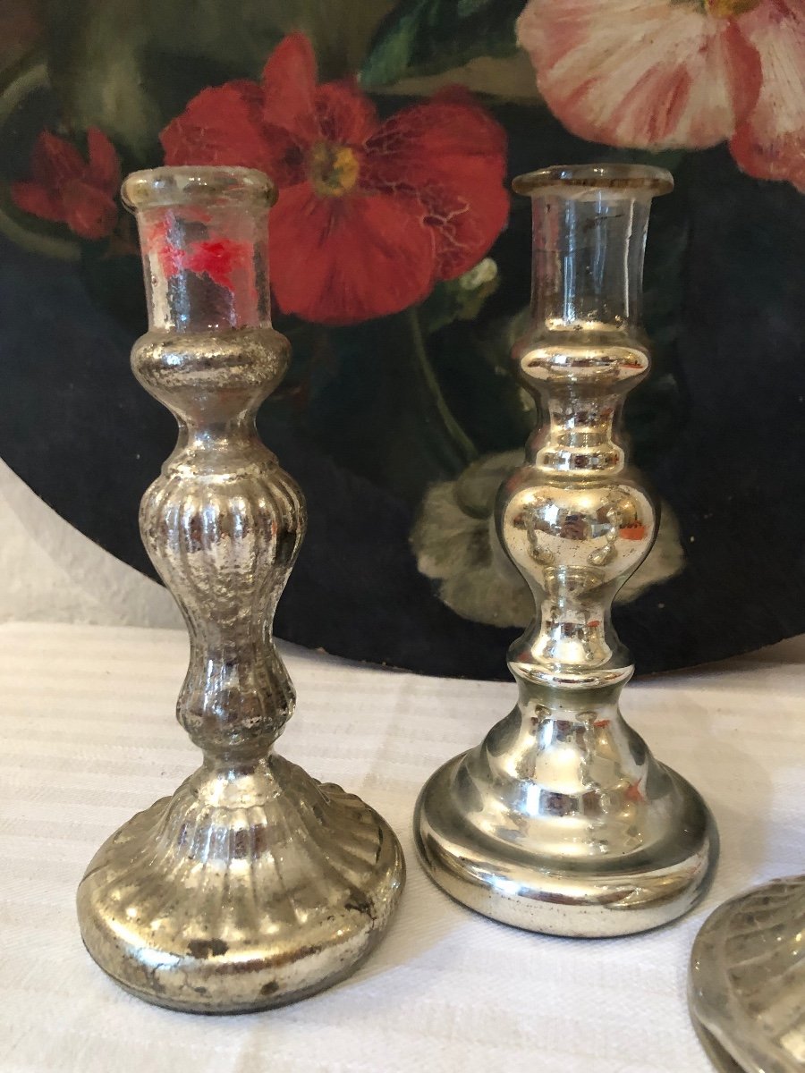 Eglomise Glass Candle Holders (x3) Different Shapes. 19th Century -photo-8