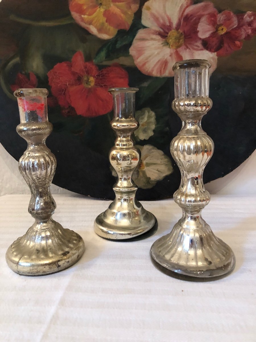 Eglomise Glass Candle Holders (x3) Different Shapes. 19th Century 