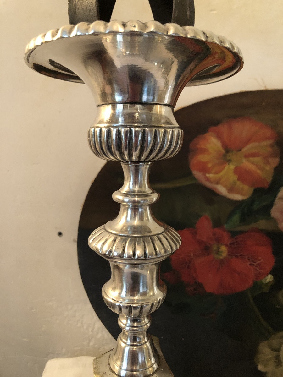 Pair Of Silver-plated Metal Candles. Large Model. 19th Century.-photo-2