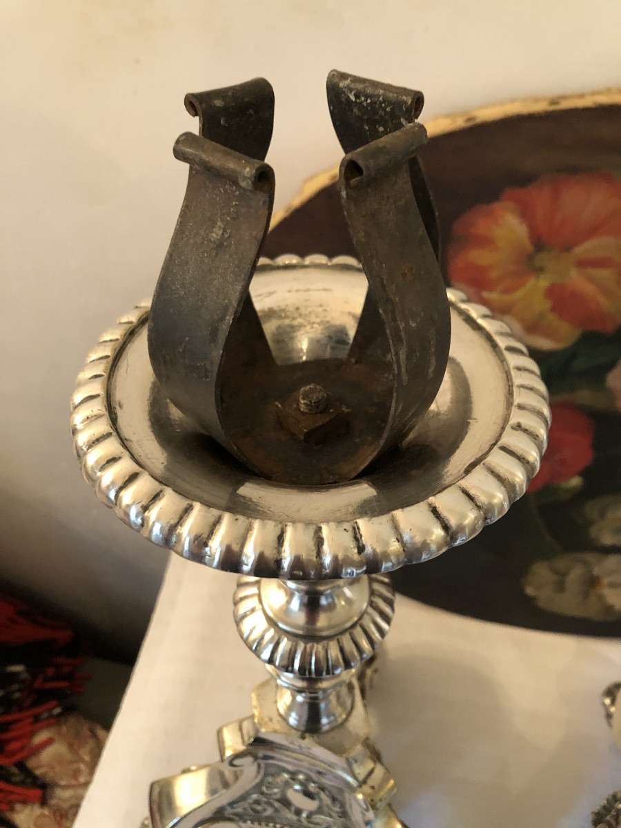 Pair Of Silver-plated Metal Candles. Large Model. 19th Century.-photo-3