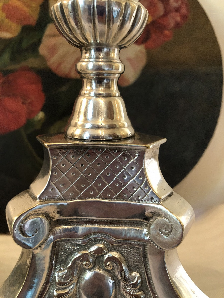 Pair Of Silver-plated Metal Candles. Large Model. 19th Century.-photo-8