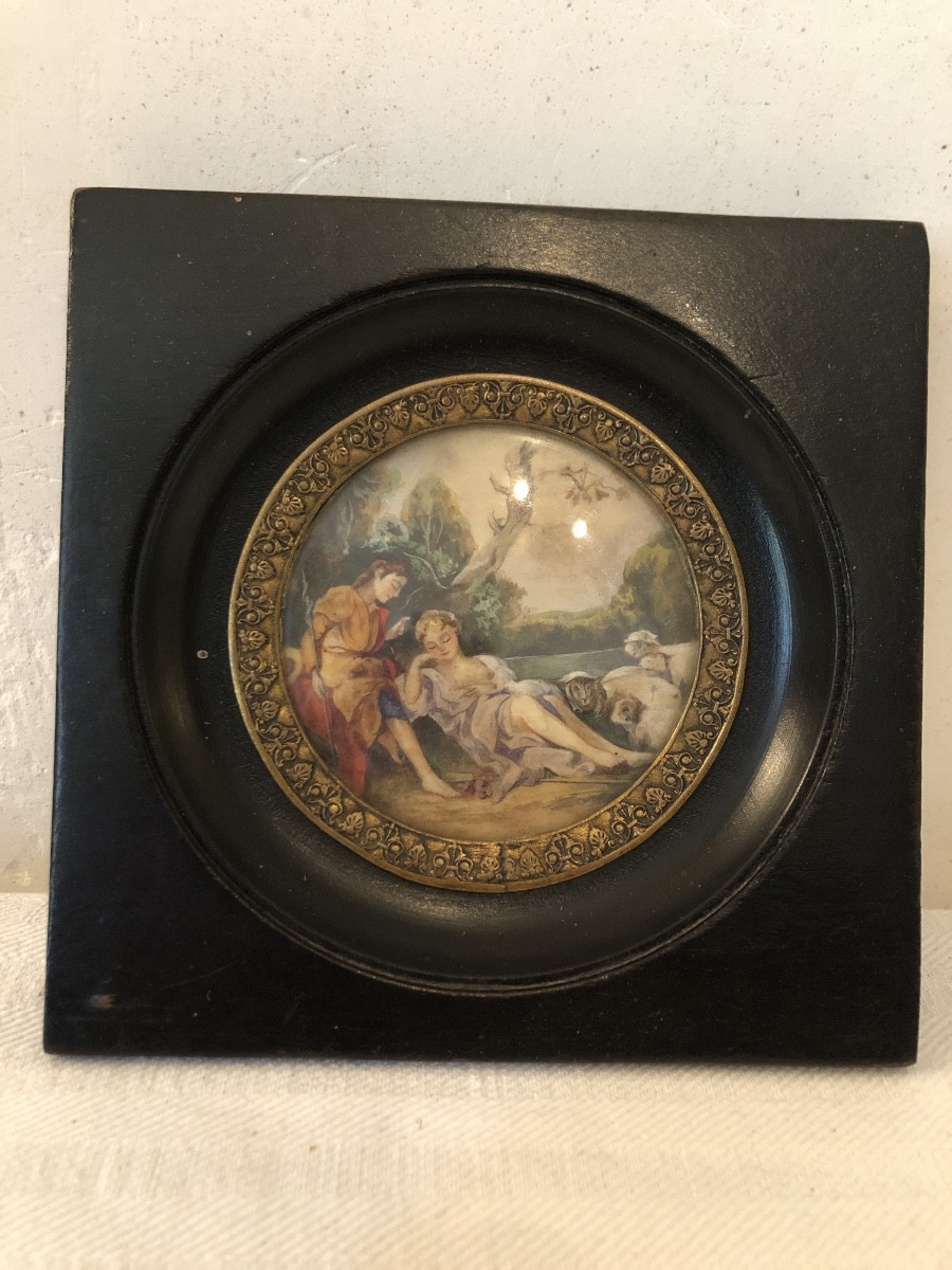 Miniature Sur Ivoire. Scène Galante D Un Berger Et De Sa Belle Endormie. XIXeme
