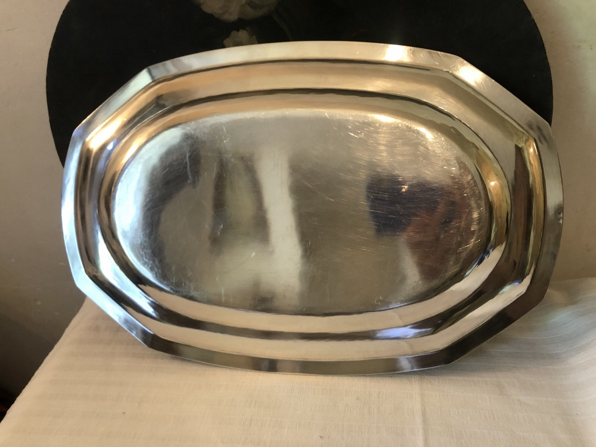 Oval Serving Platter In Silver Metal. Early 20th Century-photo-4
