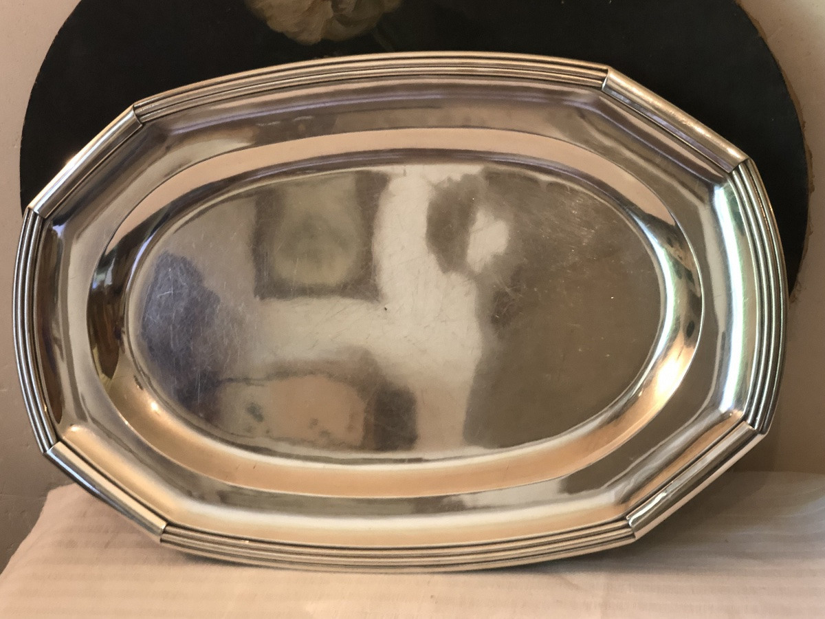 Oval Serving Platter In Silver Metal. Early 20th Century-photo-3