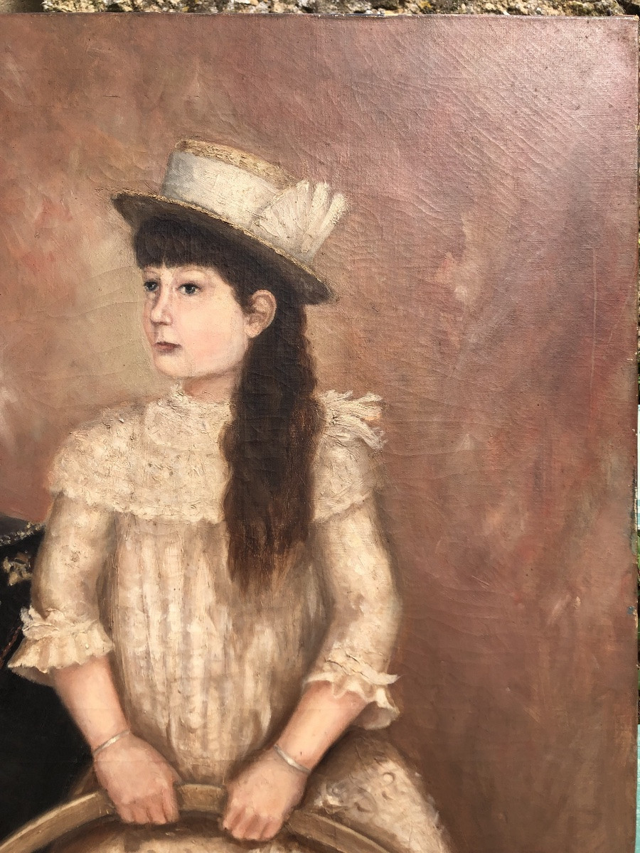 Oil Painting, Young Girl With A Hoop. Large Model. 19th Century. -photo-4