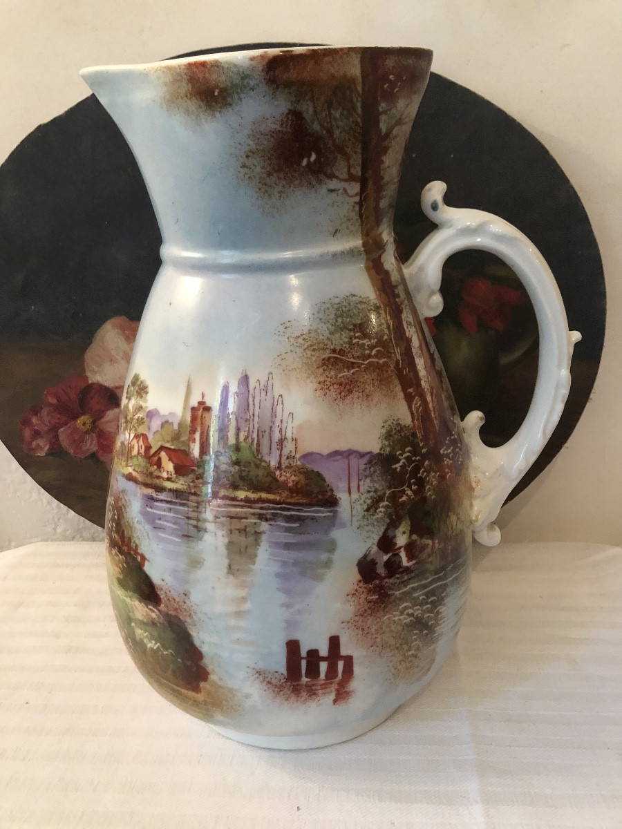 Earthenware Toilet Jug, Landscape Decoration. Early 20th Century 