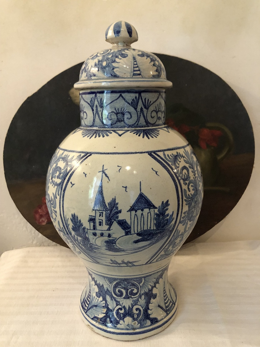 Lidded Vase, Nevers Earthenware. Landscape Decoration. 