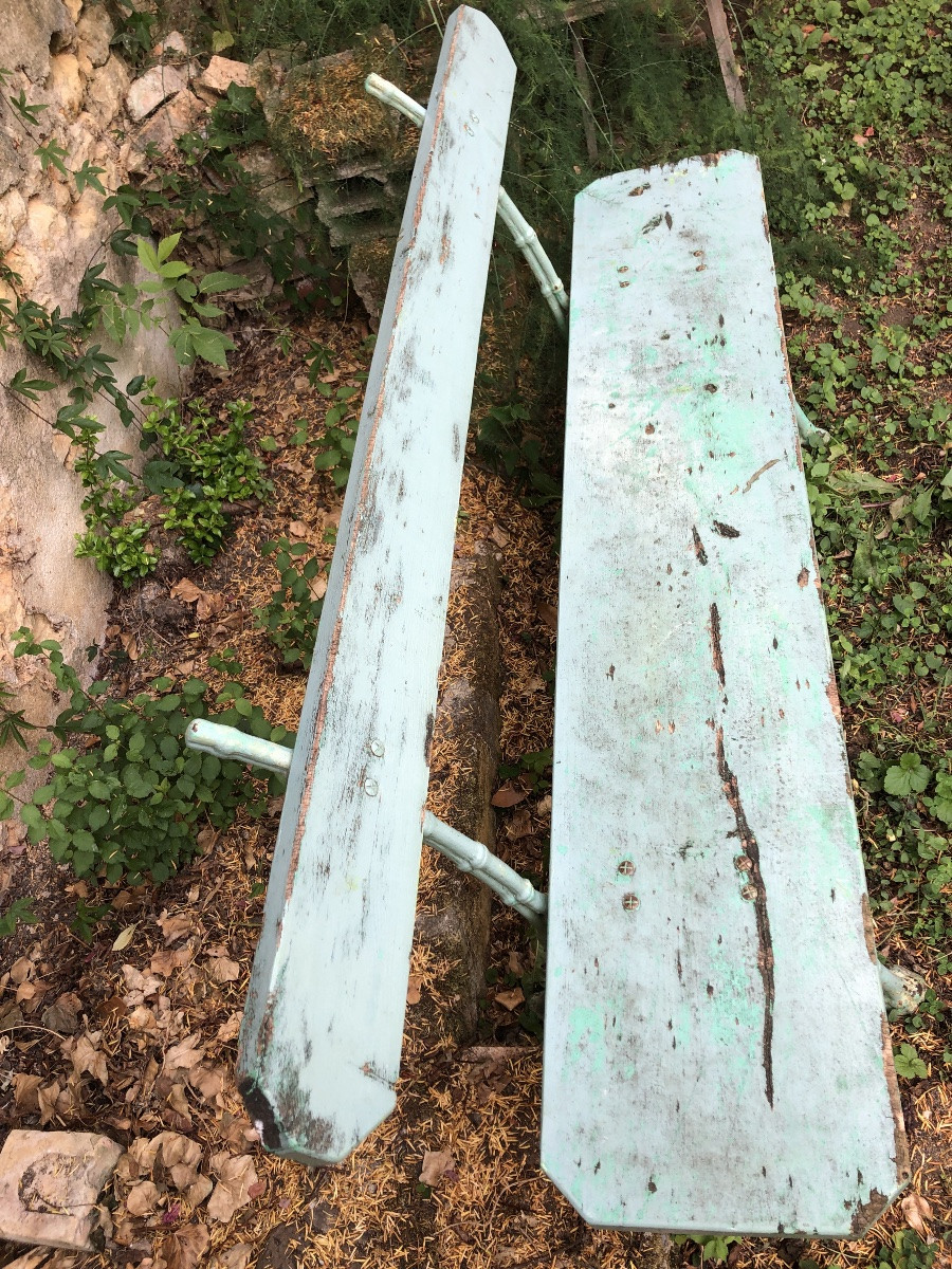 Banc de jardin bois et fer. Piétement en fer forgé  imitation bambou. XIXeme -photo-3