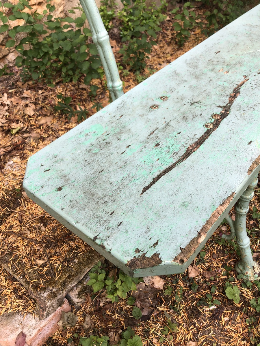 Banc de jardin bois et fer. Piétement en fer forgé  imitation bambou. XIXeme -photo-4