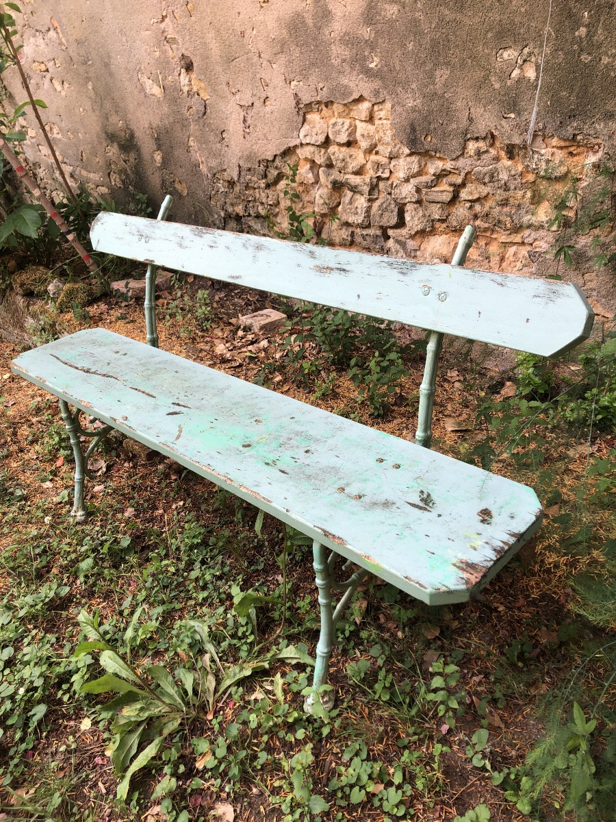 Banc de jardin bois et fer. Piétement en fer forgé  imitation bambou. XIXeme -photo-1