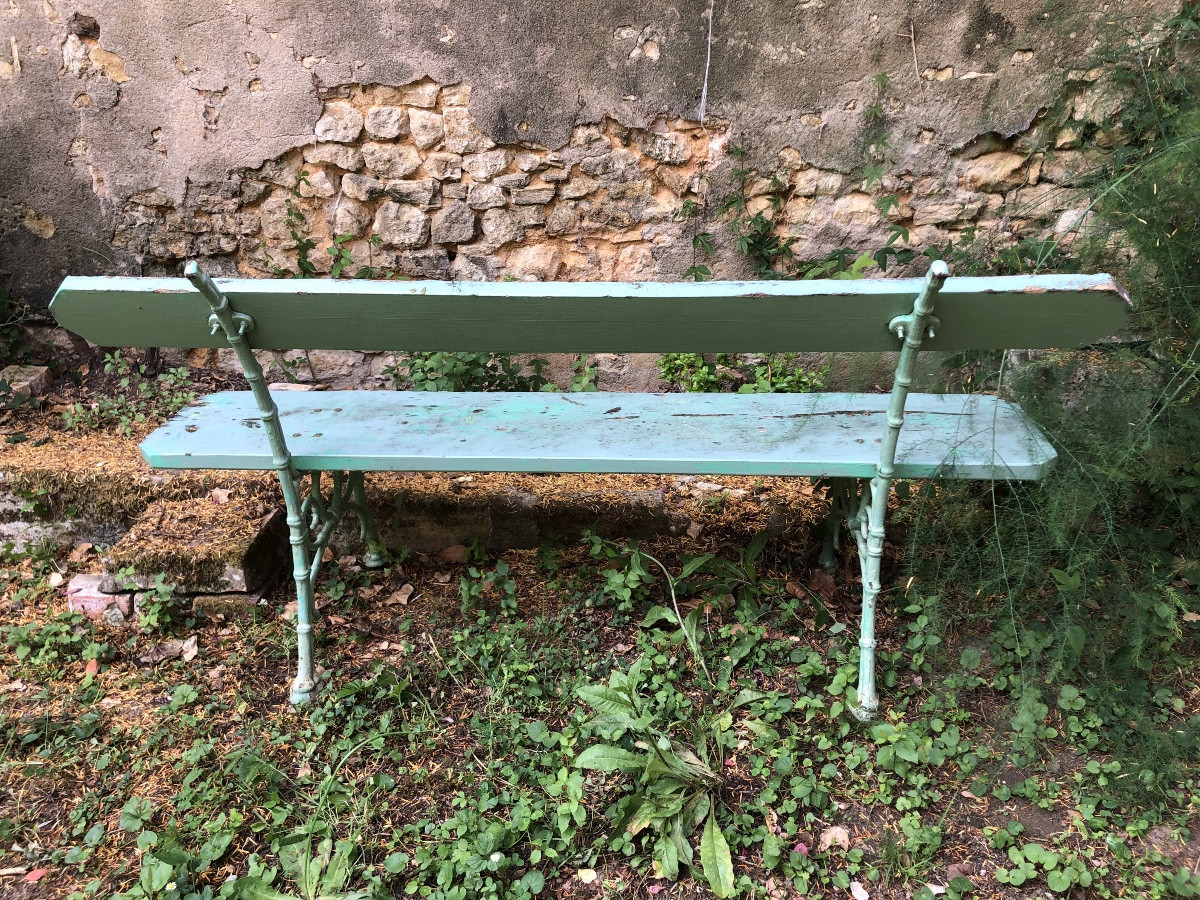 Banc de jardin bois et fer. Piétement en fer forgé  imitation bambou. XIXeme -photo-2