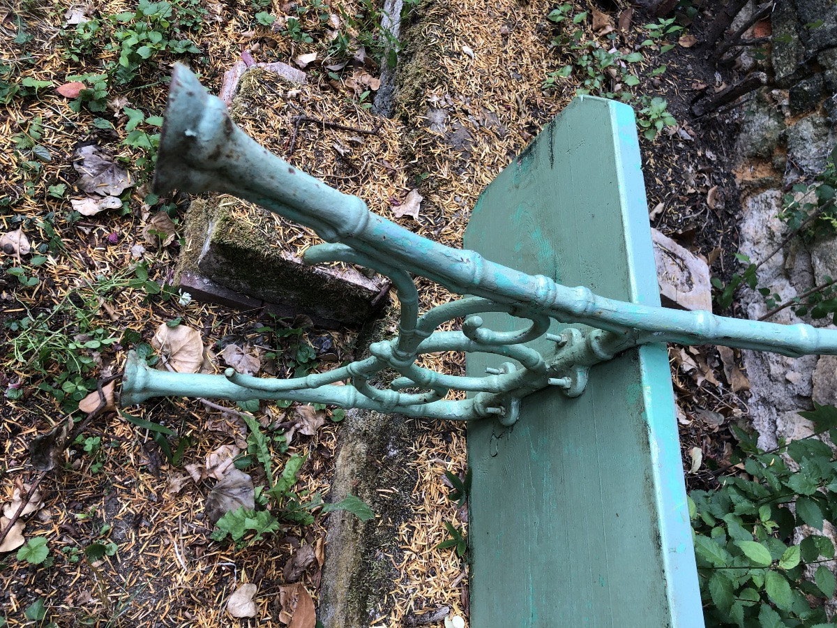Banc de jardin bois et fer. Piétement en fer forgé  imitation bambou. XIXeme -photo-5