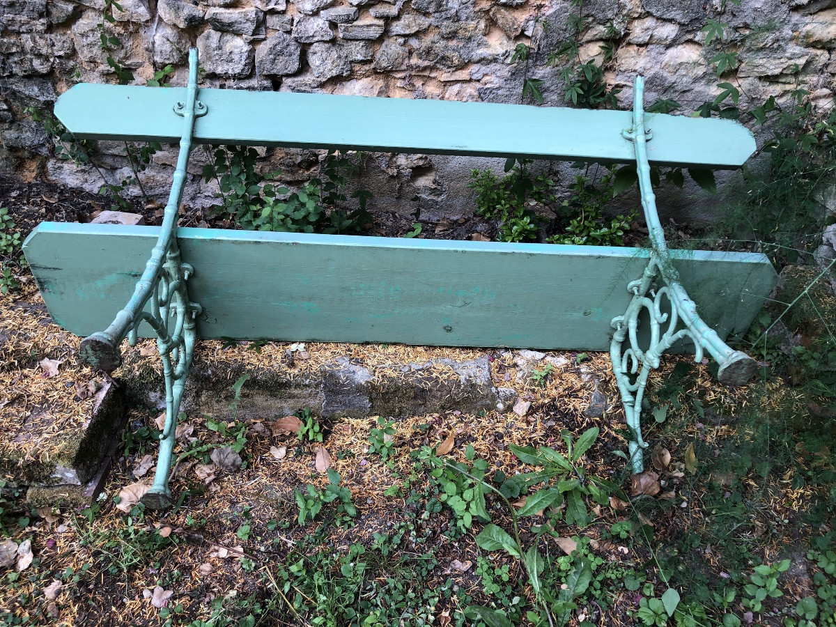 Banc de jardin bois et fer. Piétement en fer forgé  imitation bambou. XIXeme -photo-7