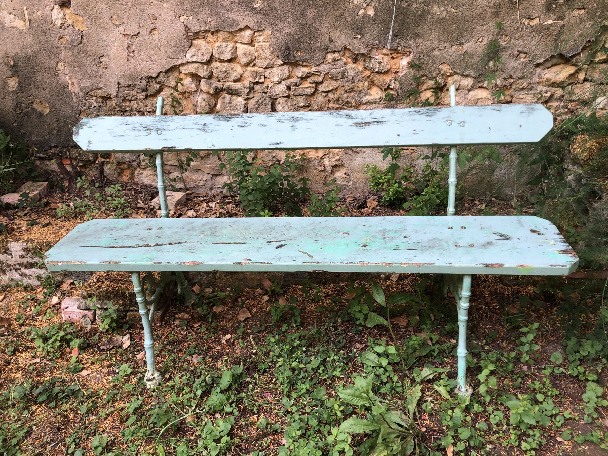 Banc de jardin bois et fer. Piétement en fer forgé  imitation bambou. XIXeme 