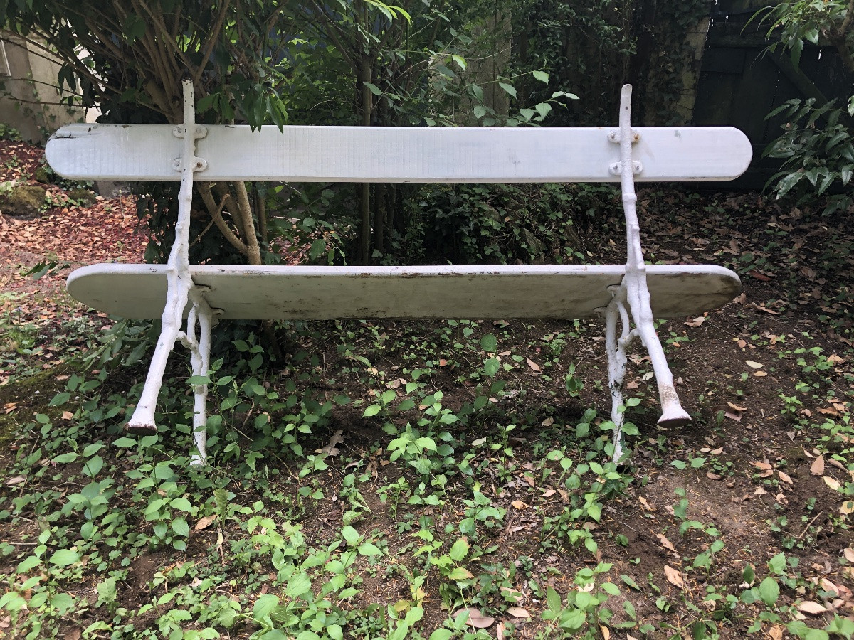 Banc de jardin. Bois piétement fer forgé. XIXeme-photo-5