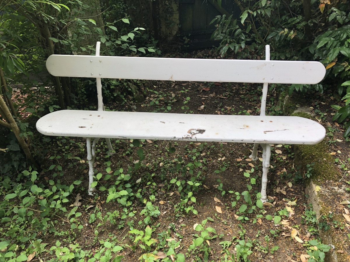 Banc de jardin. Bois piétement fer forgé. XIXeme
