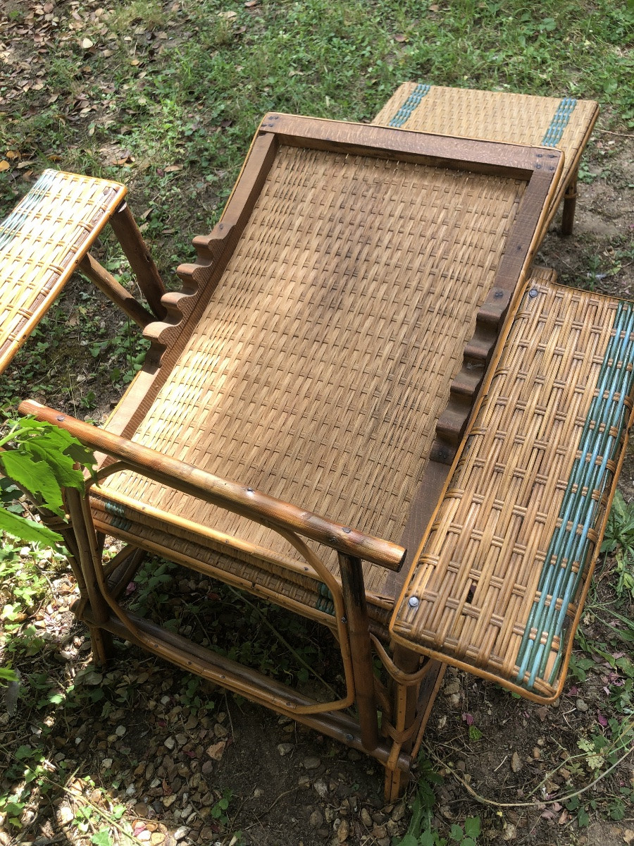Chaise longue avec repose pieds en bambou. Début XXeme -photo-1