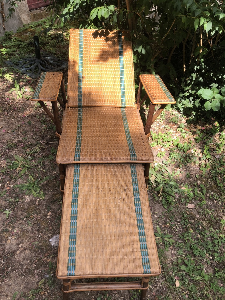Chaise longue avec repose pieds en bambou. Début XXeme -photo-2