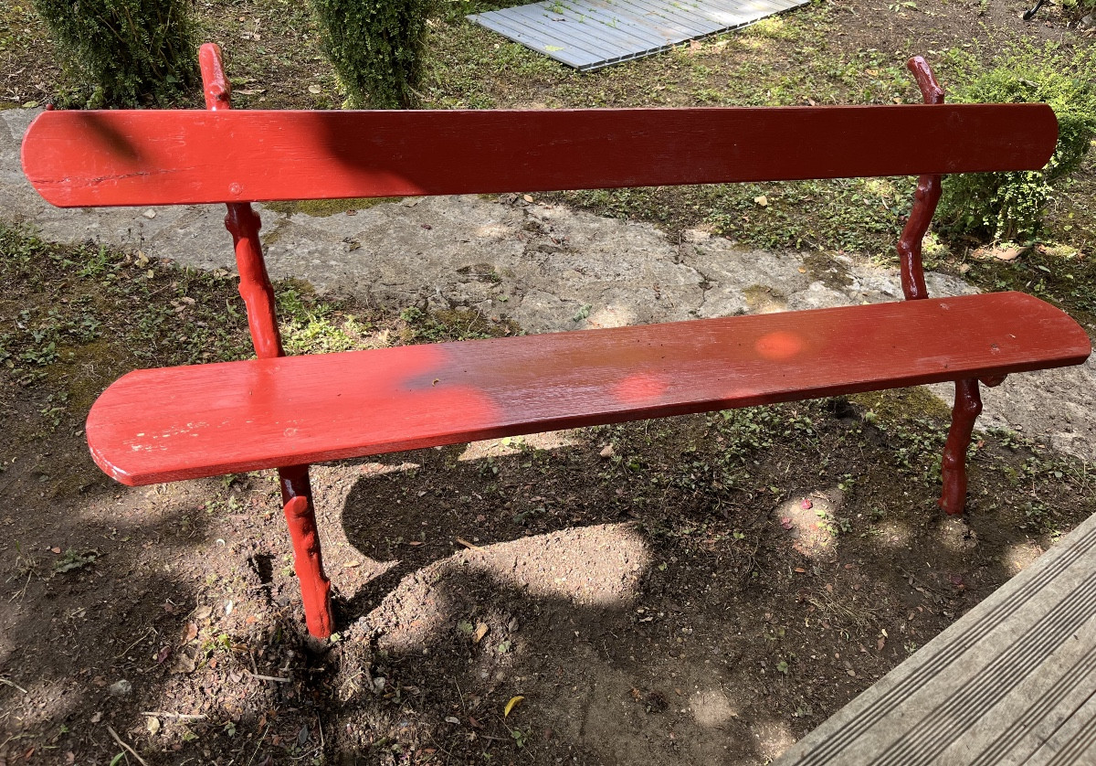 Garden Bench With Cast Iron Base And Wooden Seat. Length 205 Cm. 19th Century 