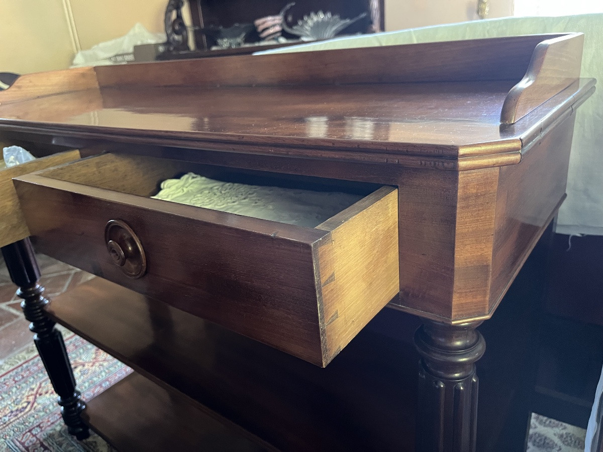 Console, desserte en acajou. Tiroirs en façade et deux étagères. XIXème -photo-4