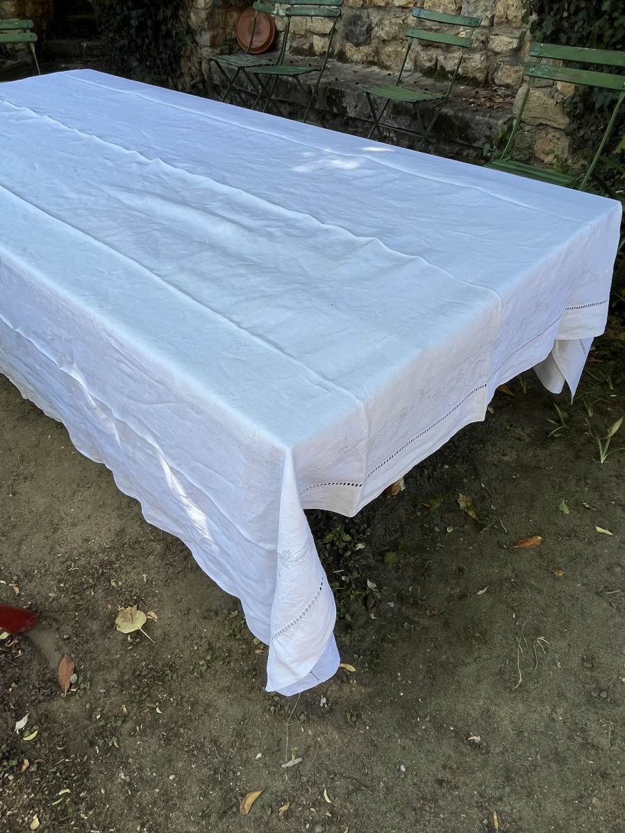 Linen Thread Sheet. Cr Monogram Embroidery. 220 X 290 Cm. Antique Sheet Or Tablecloth -photo-2