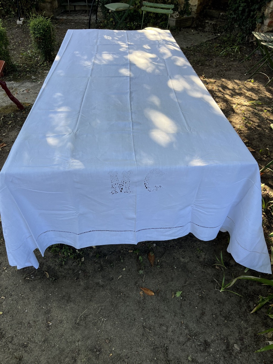 Drap en fil de lin, monogramme MC. 230 x 320. Drap ou Nappe ancienne -photo-2