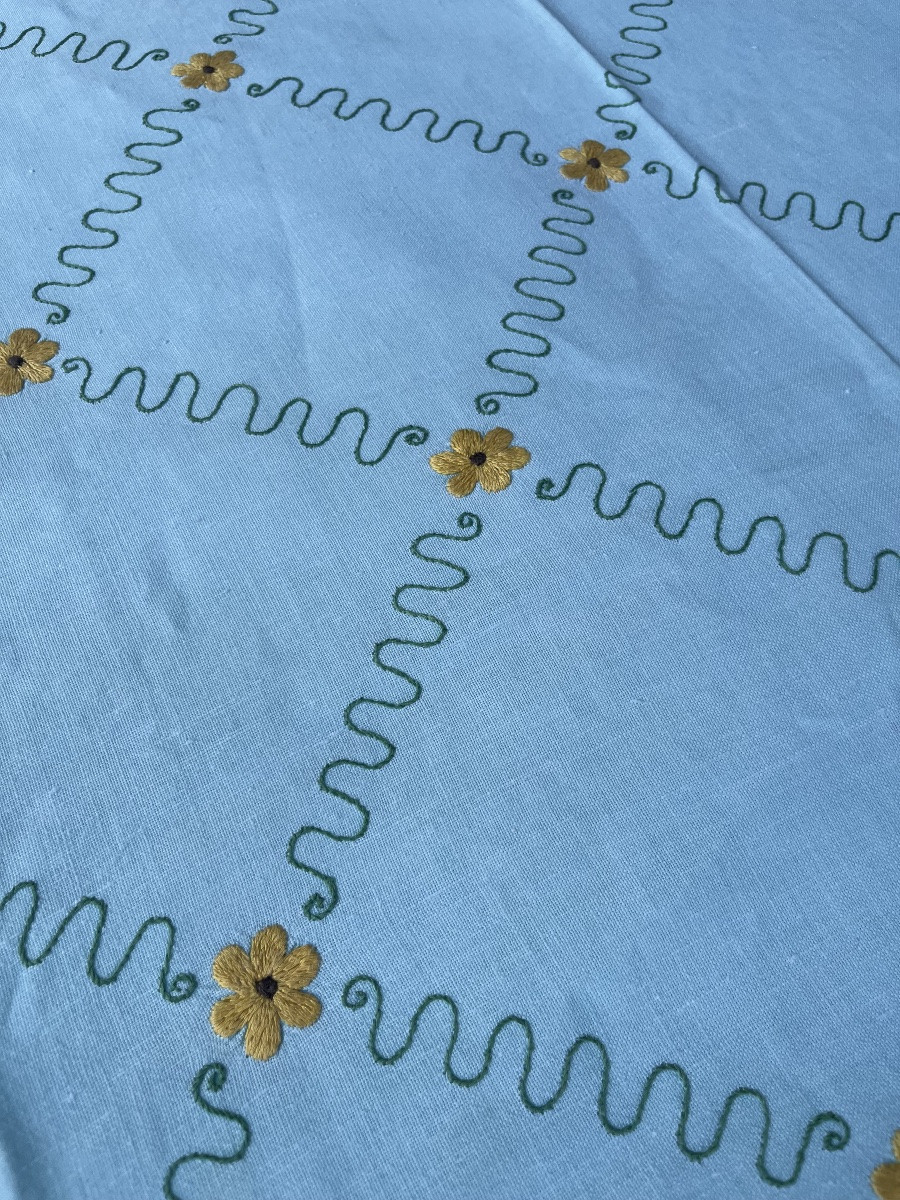 Nappe  vintage années 1960. Vert tendre et pâquerettes. 172 x 275 cm -photo-2