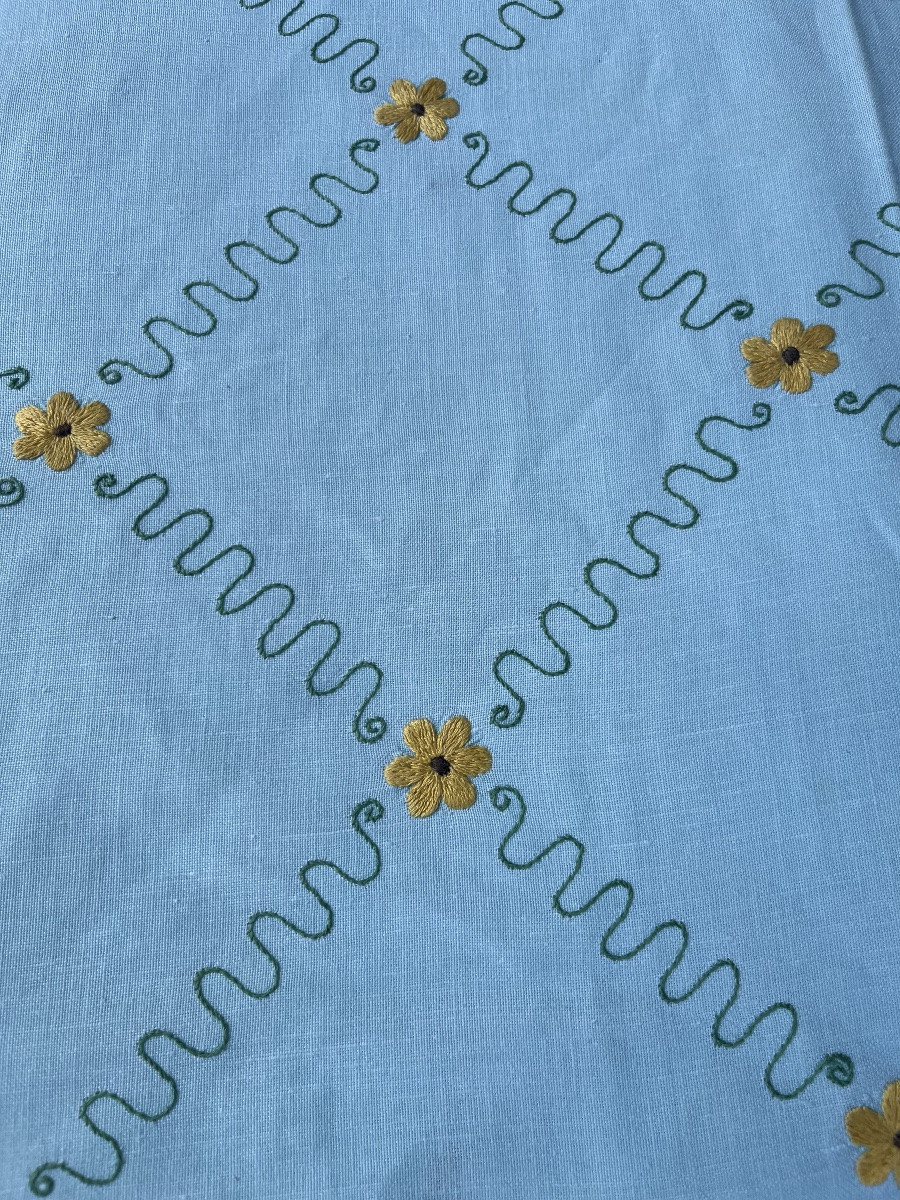 Nappe  vintage années 1960. Vert tendre et pâquerettes. 172 x 275 cm -photo-3
