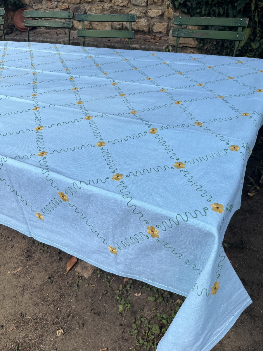 Nappe  vintage années 1960. Vert tendre et pâquerettes. 172 x 275 cm -photo-1